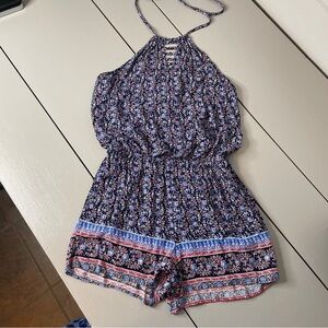 Mimi Chica Halter Romper Size M Blue White Red Floral Sleeveless Shorts